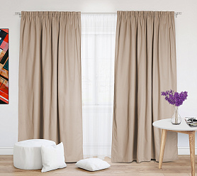 Шторы Стандарт бежевые на тесьме в спальню и гостиную